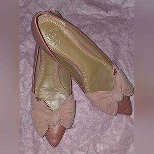 Tory Burch Pink Leather and Suede Knotted Bow Ballet Flats Size 37.5